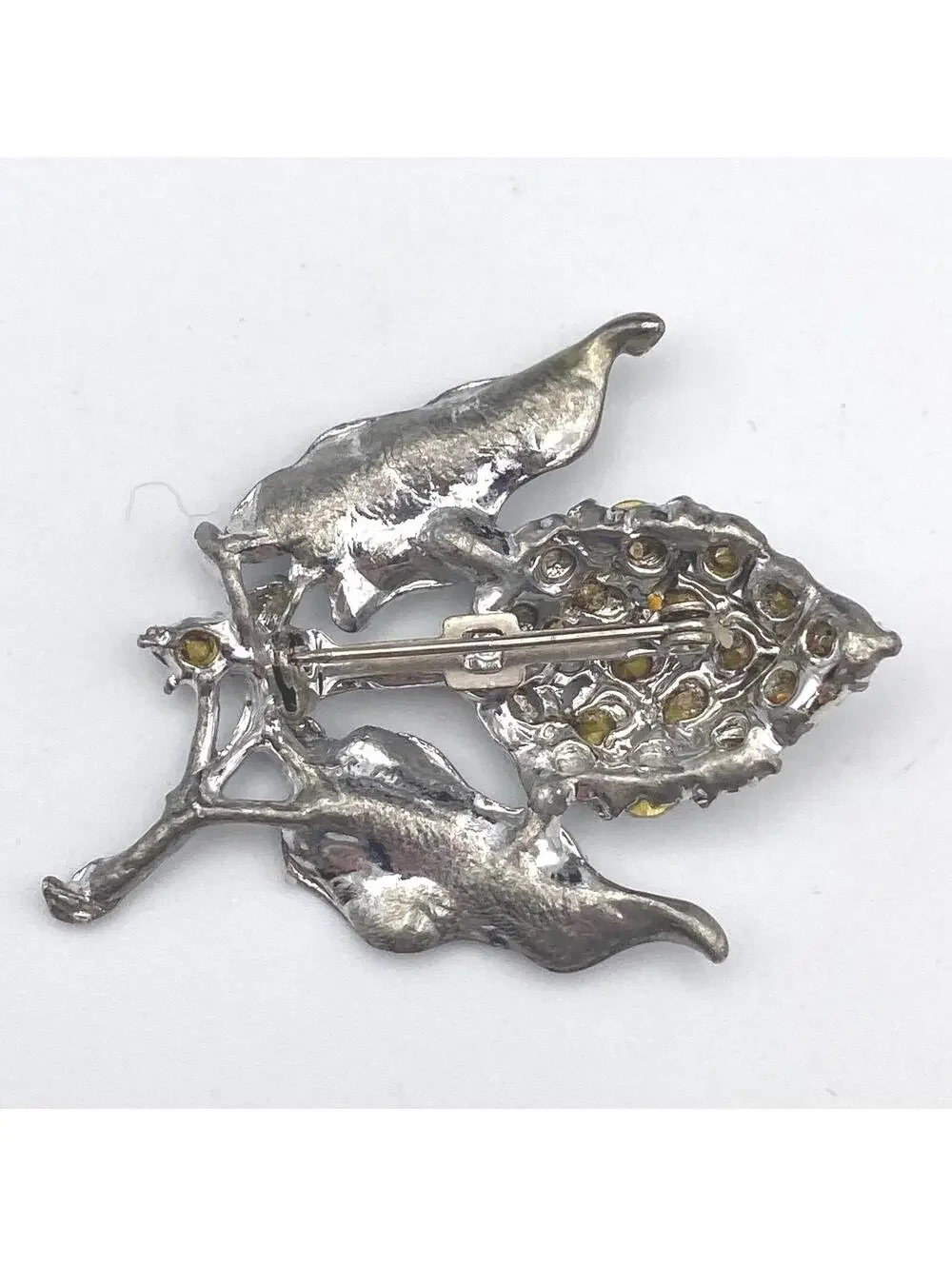 Ornate Vintage Silver Tone and Clear Rhinestone Grape Cluster with Leaves.